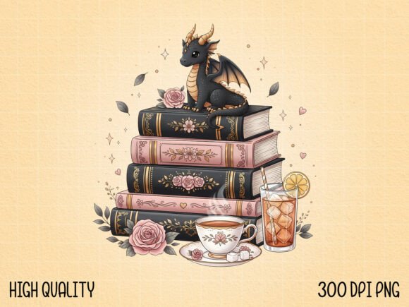 Charming Dragon with Books and Tea SVG Design
